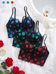 3 Pieces Set, Rose Embroidered Bra, Comfortable And Close-Fitting Bra That Can Be Worn As An Outerwear,Sexy Lingerie - Multicolor - View 1
