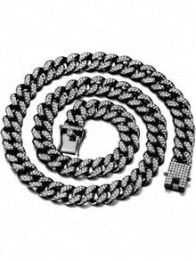 2 piezas Conjunto de collar y pulsera de alta calidad de estilo hip hop, collar de eslabón cubano brillante y pulsera, joyería hip hop con diamantes, diseño de lujo adecuado para hombres y mujeres, accesorios para el cuello y la muñeca, diamantes brillantes - multicolor - Ver 28