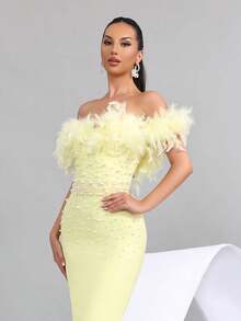 人造羽毛重点缀珍珠性感露肩露背紧身黑色绷带长裙，优雅女士婚礼宾客伴娘派对晚礼服 - 淡黃色 - 查看 9