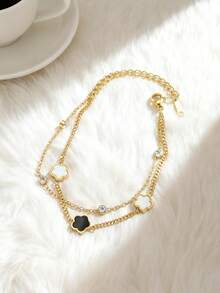 1 件不锈钢金色五瓣花和贝壳多层手链，简约风格，适合女士 - 黃色 - 查看 4