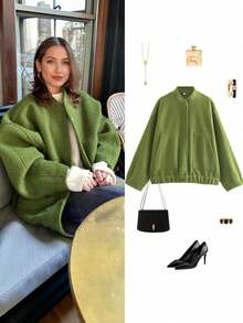 New Fashionable Loose Casual Jacket For Women, Y2K Style Stand Collar With Hidden Buttons, Autumn/Winter - màu xanh lá - Xem 2