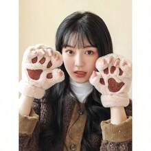 1 Pair Of Cute Cat Claw Fingerless Gloves, Thick, Warm, And Cold Resistant Plush Gloves, Suitable For Daily Use By Winter Girls, With A Rope - 灰色 - 查看 4