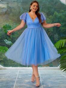 Damskie sukienki plus size z cekinami i siateczką, eleganckie, patchworkowe, na imprezę, balowe, półformalne sukienki koktajlowe dla gości weselnych - Królewski Niebieski - Zobacz 2