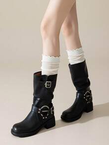 1/5 Đôi tất nữ thu/đông, kiểu Hàn Quốc đơn giản, viền bèo nhún màu trơn, dài đến bắp chân, đa năng cho phong cách Y2K, kết hợp với bốt đi xe, tất ấm áp - Nhiều màu - Xem 8