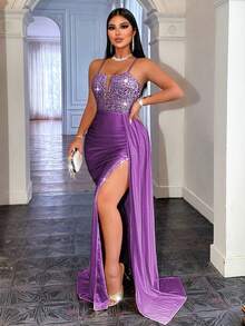 CHOSMO Đầm dạ hội, đầm dài dự tiệc cạp cao, hở lưng, đính sequin, xẻ tà bên và thắt lưng satin, thanh lịch cho ngày Valentine, Giáng sinh, các dịp trang trọng, đám cưới, tiệc mùa xuân. - Màu tím đậm - Xem 4