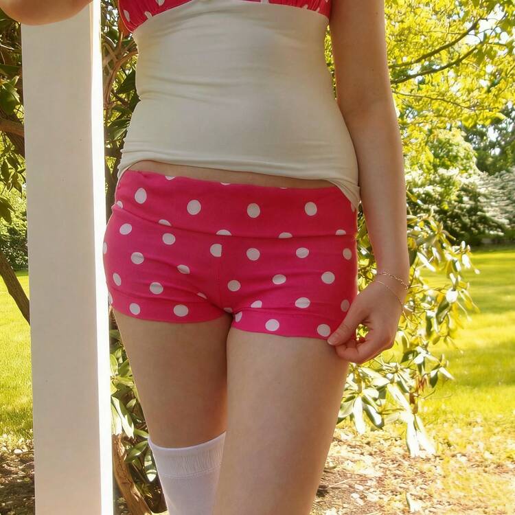Womenacute;S Y2K​​ Low-Rise Denim Shorts Polka Dots​​ Print Folded Waist Tight-Fit Hot Pants For Streetwear Vacation​ - 粉色 - 查看 2