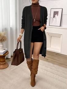 Plus Size Women's Solid Color Front Button Long Sleeve Casual Long Cardigan, Winter - Black - View 5