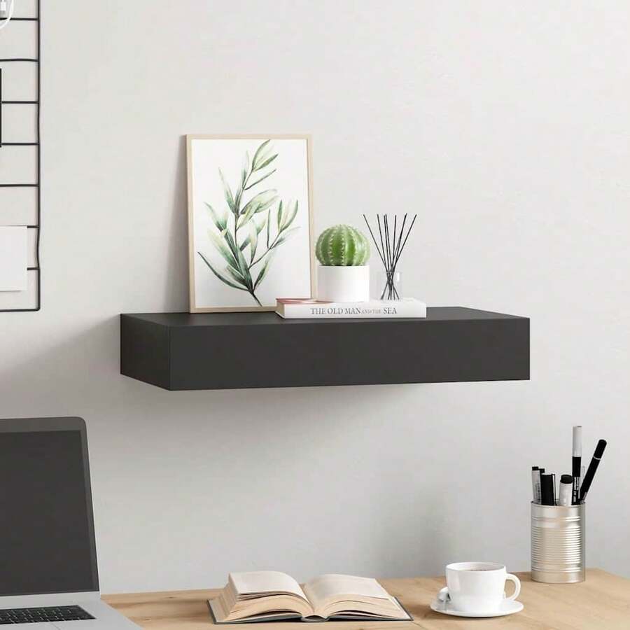 Estantería Flotante de Pared Larryhot con Cajón Negro 48x25x8 cm, Adaptable a múltiples estancias (entrada, baño, despacho), estructura robusta, fácil de montar, ideal para almacenaje y decoración - Negro - Ver 1