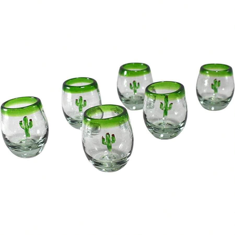 MAREY Vasos Mezcaleros Tequileros Vidrio Soplado Artesanal Hecho en Mexico| 2 Oz. Barril(Puesto Verde - Cactus, 2) - Posta Verde - Agave - Ver 1