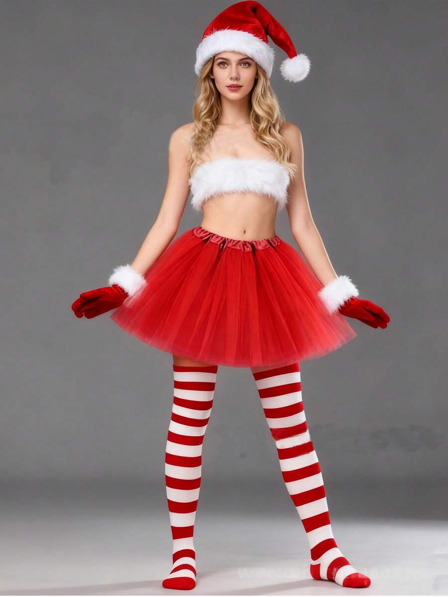 4 件套女士圣诞服装套装 - 圣诞帽、手套、条纹袜、红色薄纱裙、圣诞节假期角色扮演服装