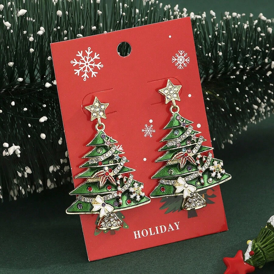 Pendientes de árbol de Navidad para mujer, exquisitos pendientes colgantes con diamantes de imitación. - Verde - Ver 1
