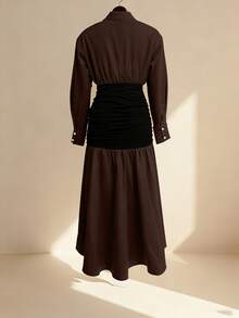 Solid Color Women's Casual Shirt Collar Patchwork Long Dress, Front Button Closure