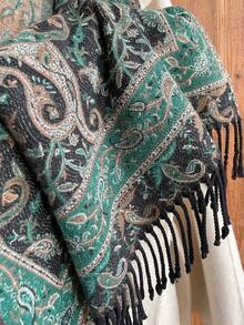 1件装 女士秋冬仿羊绒复古佩斯利提花波西米亚风保暖流苏围巾披肩 - 黑綠色 - 查看 4