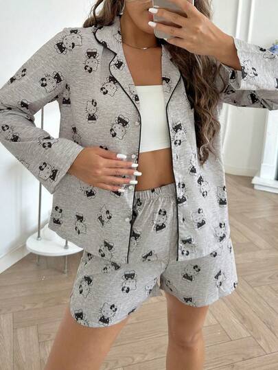 Sanrio 2 pezzi Set di pigiama da donna con top a maniche lunghe con bottoni e pantaloncini con vita elastica, motivo Hello Kitty