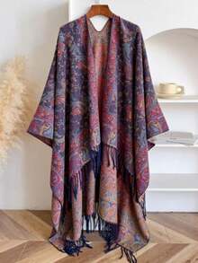 1 pieza Chal multifuncional de poliéster vintage con estampado de cachemira falsa de otoño/invierno, poncho cálido con flecos
