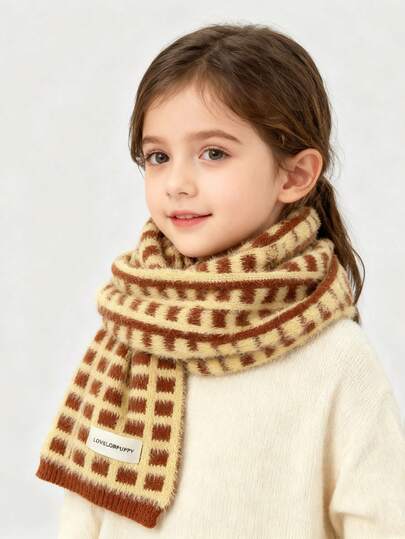 1 pièce Écharpe tricotée douce et chaude à carreaux pour enfants - automne/hiver, sans peluche, écharpe créative pour filles, écharpe pour étudiants - meilleur cadeau pour les vacances d'hiver, écharpe de Noël