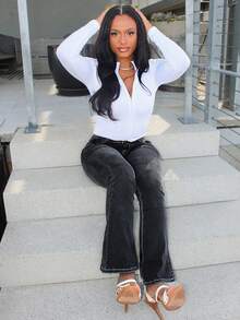 Steph T Women's Bell-Bottoms Denim Pants With Washed Effect And Angled Pockets - Black - View 3