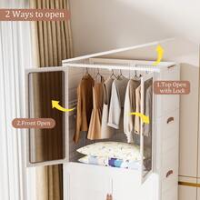 Multi-Functional Folding Storage Cabinet, Clothing Storage Box, Portable Wardrobe, Foldable Cabinet With Wheels And Double Doors, Suitable For Living Room, Bedroom, Walk-In Closet, And Apartments, No-Assembly Storage Rack, Organizes Clothes And Toys, Plastic Folding Storage Cabinet, Comes With 10 Hangers - 白色 - 查看 3