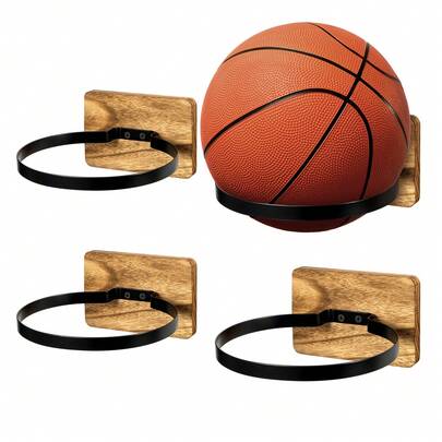 Sports Ball Wall Mount Holder – 4-Pack Space-Saving Storage Rack For Basketball, Soccer, Volleyball – Sturdy Wooden Design With Black Metal Frame – Indoor & Outdoor Use