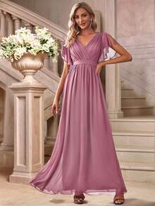 Fall Winter Butterfly Sleeve Fold Pleated Chiffon Dusty Pink Bridesmaid Dress Elegant Dress Wedding Guest Dress For Wedding Fall Semi Formal Dress