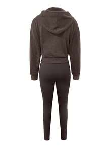 LovelyWholesale Bộ đồ nữ thường ngày gồm áo dài tay có mũ, dây rút, khóa kéo và quần dài ôm dáng, thích hợp cho mùa xuân. - Cà phê nâu - Xem 5