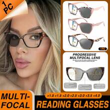 1pc Photochromic Multifocal Reading Glasses, Color-Changing Bifocal Lens, Romantic Pink Cat Eye Frame, Comfortable Spring Hinges, Elegant Fashion Photochromic Multifocal Readers For Women - Pink - View 1
