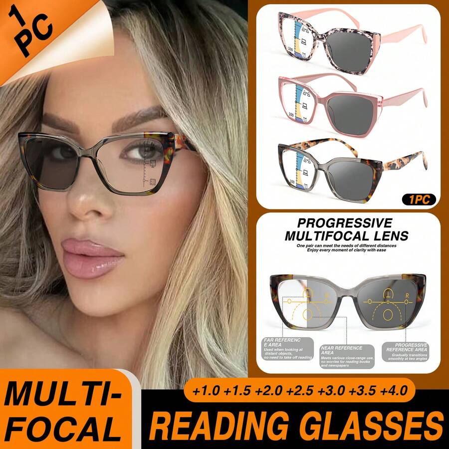 1pc Photochromic Multifocal Reading Glasses, Color-Changing Bifocal Lens, Romantic Pink Cat Eye Frame, Comfortable Spring Hinges, Elegant Fashion Photochromic Multifocal Readers For Women - Pink - View 1