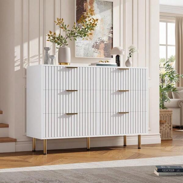 Fluted Dresser For Bedroom With 6 Drawers, 47" Wide Modern Chest Of Drawers With Metal Handles, Wooden Dresser TV Stand With Deep Drawers, Closet Organizer For Living Room, Hallway