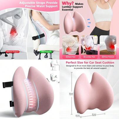 Benazcap Lumbar Port Pillow For Office Chair: Novel Ergonomic Memory Foam Lumbar Pillow With Adjustable Straps For Lower Back Pain Relief - Ideal Back Cushion For Driving And Office Chair - Pink