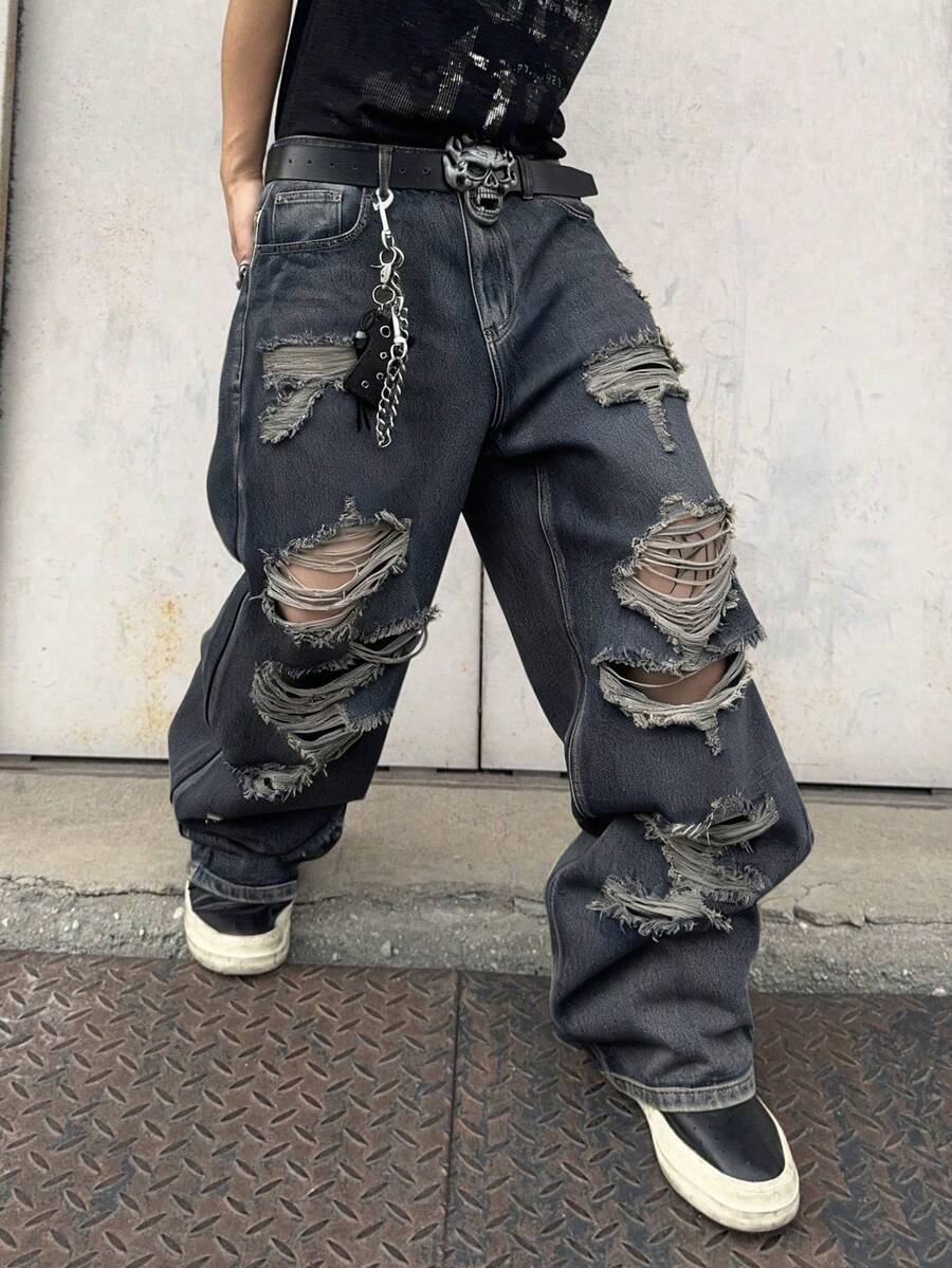 1 chiếc quần jeans ống rộng rách rưới dành cho nam, kiểu dáng vintage Mỹ, phong cách đường phố, dáng rộng thoải mái (Sản phẩm không bao gồm thắt lưng và phụ kiện) - Màu xanh bụi bặm - Xem 1