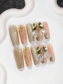 10 Stücke hochwertige Champagner-farbene Poly-Gel Nagel-Set, Acryl-Aufklebe-Nägel, französische Nagel-Aufkleber, handbemalte Weihnachtsbaum Fake-Nägel, 3D Weihnachtsglocken Nagel Dekoration, Gold Nagel Öl, braune Gel-Nägel, inklusive Nagel-Werkzeuge, 3 Größen verfügbar, Mandel-Nägel, Enten-Nägel, Sarg-Nägel, geeignet für Hochzeit, Weihnachten, täglichen Gebrauch, Party, Winternägel, tolles Geschenk für Frauen und Mädchen
