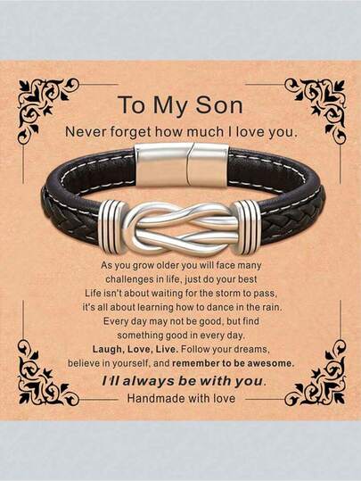 Handmade Leather Bracelet Gift For My Son/Grandson, Mother And Son Forever Connected, Inspirational Boy's Bracelet For Teenagers, Birthday, Graduation, Or Reunion (No Packaging Box)