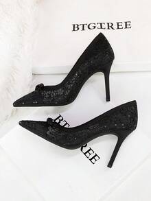 Women's Pointed Toe Lace Mesh Sequin Bow High Heel Pumps, European And American Style Party Dress Shoes,Stiletto Heels - Black - View 6