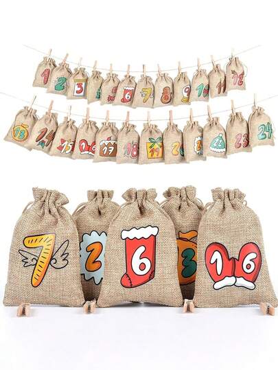 24 bolsas de calendario de adviento navideño, calendario de cuenta regresiva de 24 días en bolsas de arpillera colgantes, regalos y favores de calendario de adviento para decoraciones navideñas, bolsas de tela reutilizables con cierre de cordón, con cuerda y ganchos para decoraciones navideñas del hogar y fiestas, bolsas de regalo navideñas, envoltorios de regalo, decoraciones de otoño para el hogar, decoraciones navideñas, decoraciones navideñas para el hogar, decoración de invierno, regalos navideños, decoración navideña