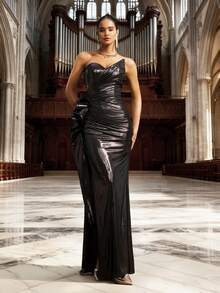VIPGIRL 优雅黑色金属光泽无肩带高开衩礼服，闪亮抛光晚礼服，女士舞会礼服，闪亮派对礼服，奢华正式礼服，迷人宴会礼服 - 鏽棕色 - 查看 3