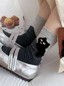 1/2 Pairs Women's Knee-High Socks, Creative Cartoon Cat Patchwork Pattern Warm Long Socks, & Versatile Short Socks, Suitable For Daily Wear - Multicolor - View 6