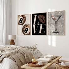 1/3pcs Frameless 3 PiecesLeopard Print Wall Art Set, Vintage 8 Ball & Martini Cocktail Poster Collection, Lucky Girl Aesthetic Decor, Retro Party Theme Prints For Bedroom, Dorm & Bar Wall - Multicolor - View 2