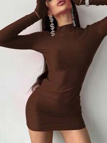 1件女式纯色长袖修身立领连衣裙 - 咖啡 - 查看 3