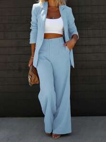 Solid Lapel Neck Blazer & Wide Leg Pants Elegant Suit Sets - 薄荷藍 - 查看 13