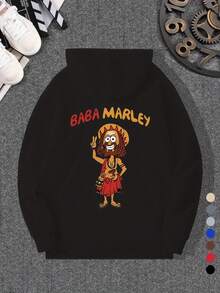 Sudadera con capucha de hombre casual con estampado de dibujos animados de Bob Marley - Moda de otoño e invierno, ajuste regular, tejido de punto con ligera elasticidad,% poliéster, top de manga larga con capucha - Negro - Ver 1