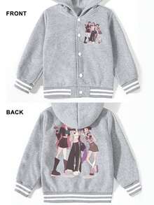 Girls Baseball Jacket Single Piece Witch Squad Print Color Block Varsity Style Fall Winter Sport Coat Casual Fashion - Grey - View 5