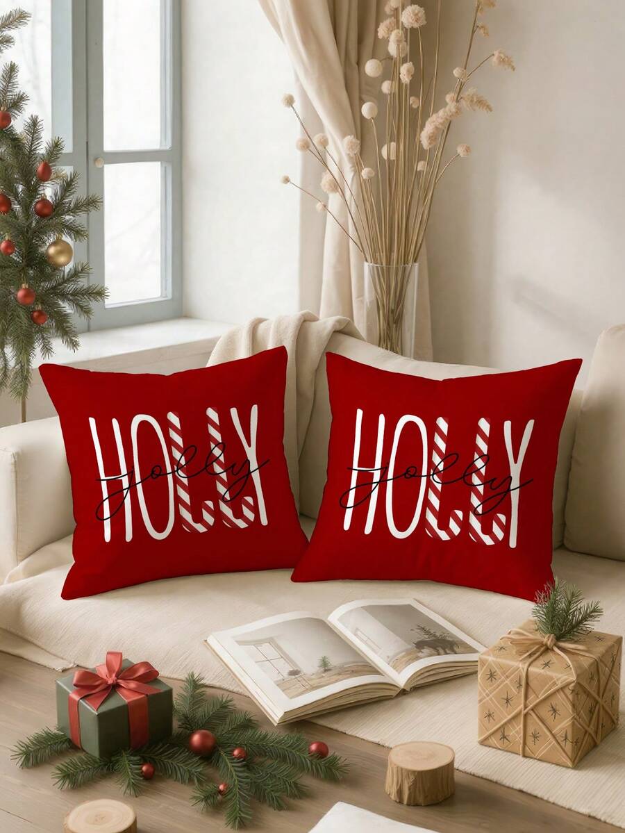 2pcs Christmas Candy Series Polyester Plush Pillow Case, Sofa Cushion Cover