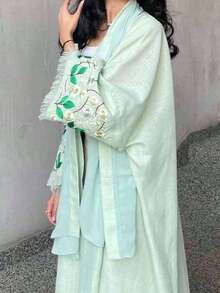 一件式时尚简约均码女式纯色中东服饰长裙时尚优雅开衫花卉袖口刺绣连衣裙长袍适合日常节日穿着 - 綠色 - 查看 1