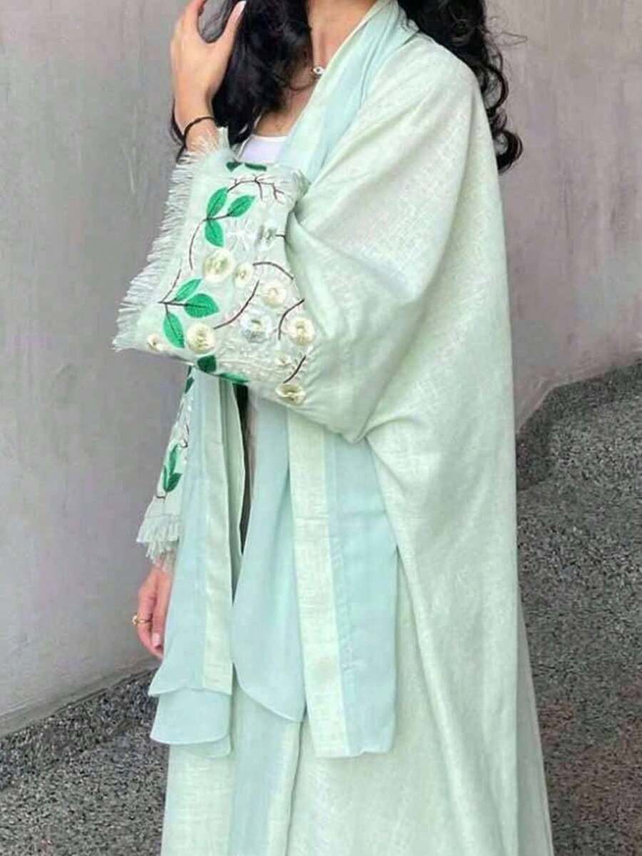 一件式时尚简约均码女式纯色中东服饰长裙时尚优雅开衫花卉袖口刺绣连衣裙长袍适合日常节日穿着 - 綠色 - 查看 1