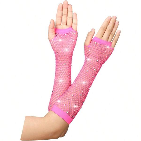 Fishnet Gloves Fingerless Mesh Gloves Long Rhinestone Neon Fingerless Fish Net Arm Sleeves