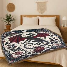 1 pieza Manta con borlas con estampado de dragón occidental de jacquard bohemio, versátil para todas las estaciones, adecuada para camping, sofá, oficina, dormitorio y decoración de la sala de estar