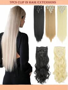 Extensii de păr sintetice lungi și drepte cu clips, 22 inch, 16 clipsuri, 220 g, clipsuri în perucă pentru temperaturi ridicate, pentru femei - Multicolor - Vizualizare 2