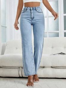 Women's Pearl Jeans, Distressed Denim Pants, High Waisted Straight Leg Pants - 淺色水洗藍 - 查看 2