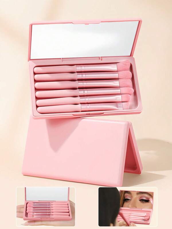 6pcs Mini Eyeshadow Brush Set With Mirror, Portable Eyeshadow & Concealer Brushes, High-Quality Eye Makeup Tools, Super Soft Fibers Suitable For Travel And Party