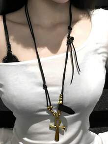 1 Stück Lederband Anch Kreuz Anhänger Lange Halskette, Y2K Chic Mode Metall Schwarze Halskette für Frauen, geeignet für Party, Treffen, tägliches Outfit Kombinieren